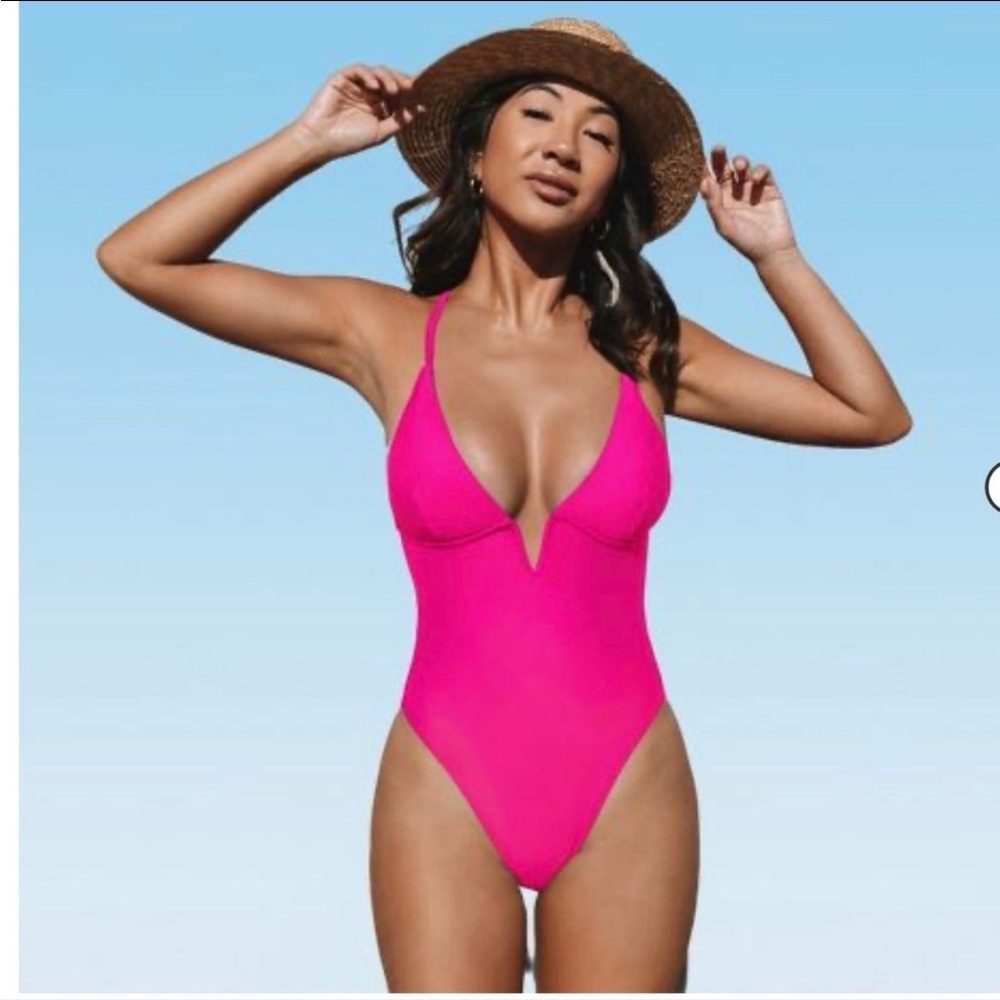 Women's Hot Pink Deep V Neck Crisscross One Piece Swimsuit -Cupshe